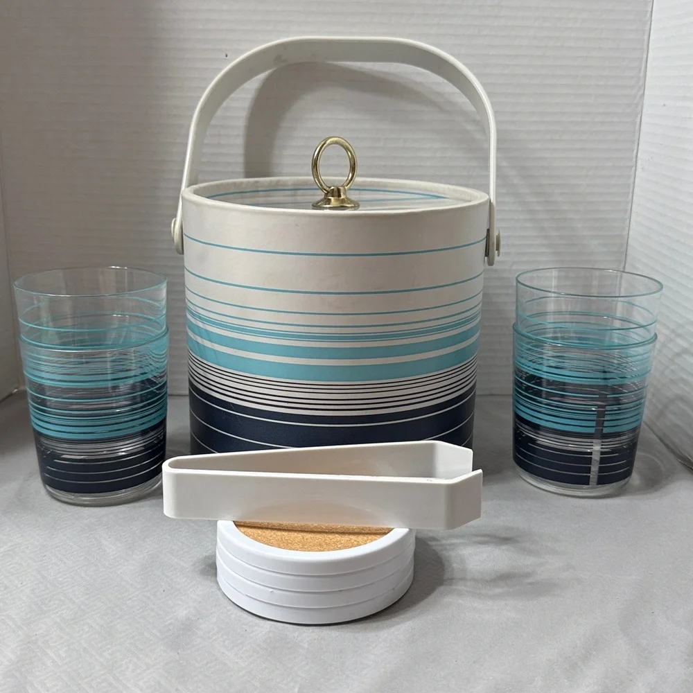 Vintage Ice Bucket 4 Glasses 4 Coasters Tongs Set in Aqua, Navy & White Stripes